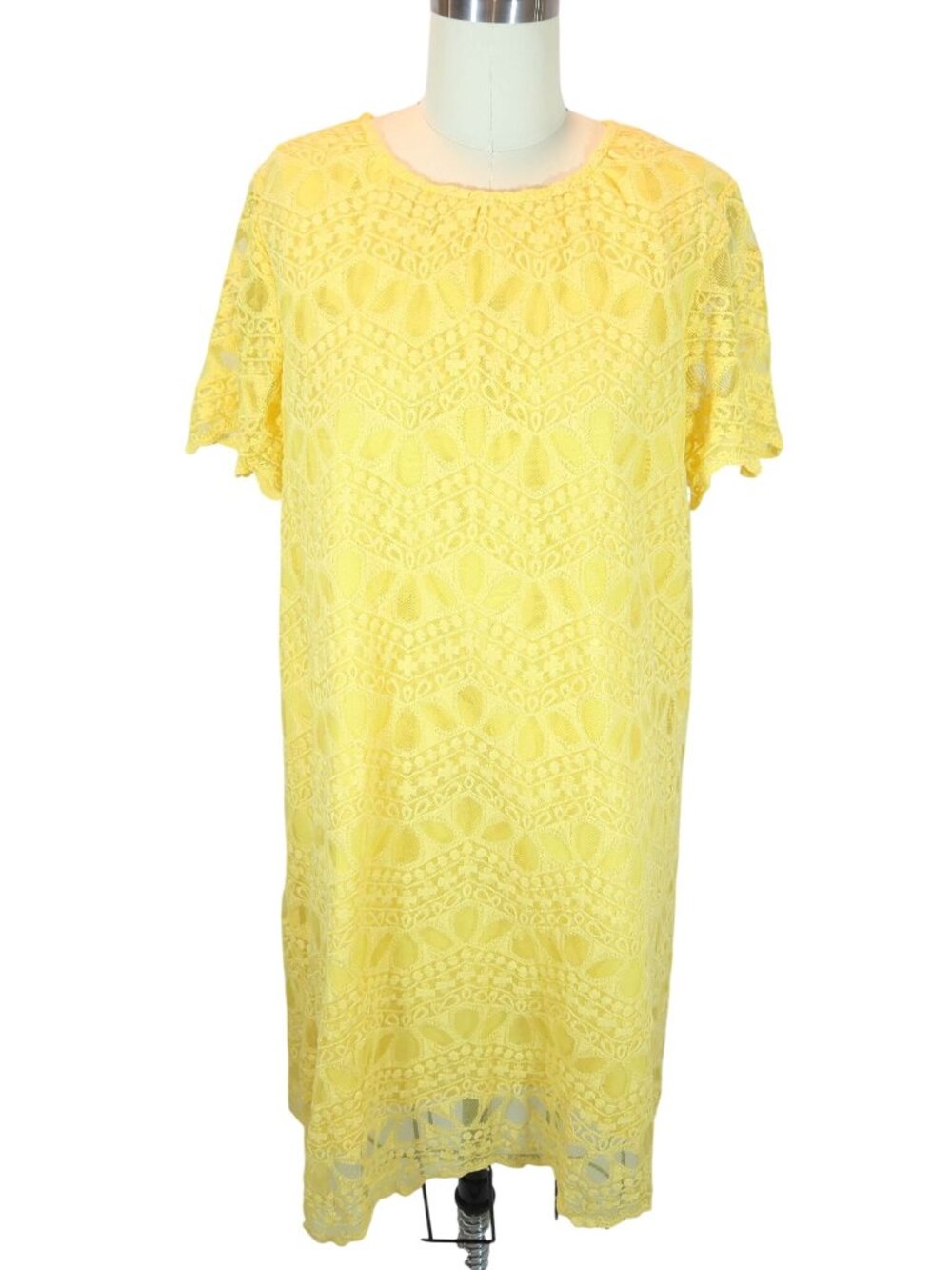 ZARA Bright Yellow Lace Short Sleeve Shift Dress Size XL Sheer Lined Boho Spring